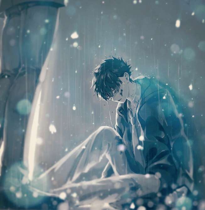 Hình ảnh anime nam buồn dưới mưa