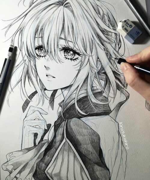 hình hình họa giành giật vẽ anime phái nữ buồn vày cây viết chì