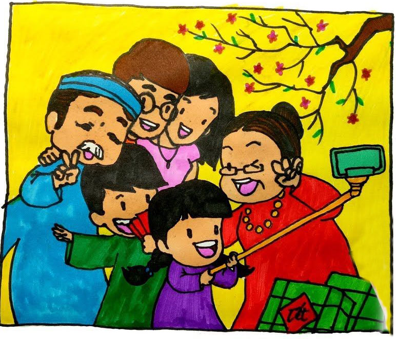 Mẫu tranh vẽ về đề tài gia đình hạnh phúc