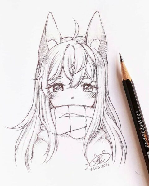 tranh vẽ anime mèo bằng bút chì có đôi mắt buồn dễ thương