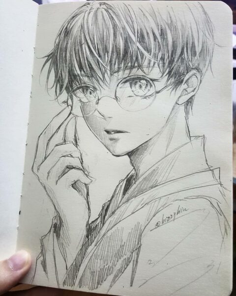 tranh vẽ anime nam giới treo kính đẹp mắt trai vày cây viết chì