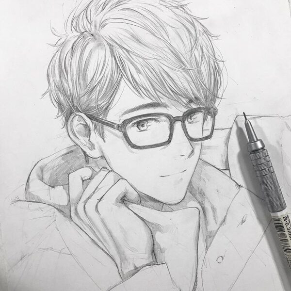 tranh vẽ anime nam giới đẹp mắt trai treo kính vày cây viết chì