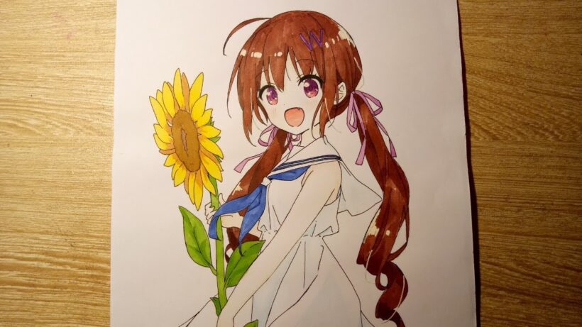 tranh vẽ anime phái nữ và hoa phía dương