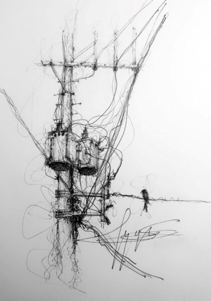 tranh vẽ bút chì cột điện và dây điện