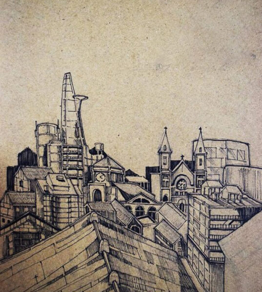 tranh vẽ bút chì một góc thành phố