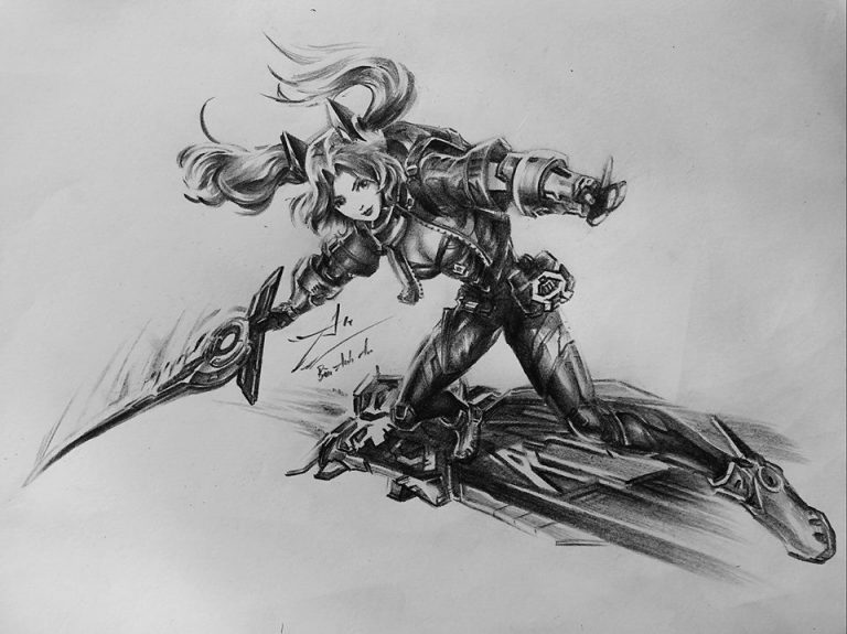 tranh vẽ nhân vật anime girl cầm kiếm bằng bút chì