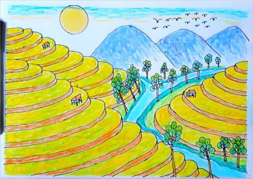 Bức tranh của học sinh vẽ phong cảnh quê hương  Nghệ thuật phong cảnh Phong  cảnh City art