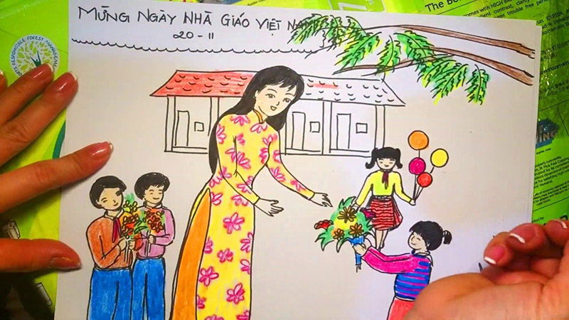 Vẽ tranh 20 11 Ngày Nhà Giáo Việt Nam học sinh tặng hoa cô giáo