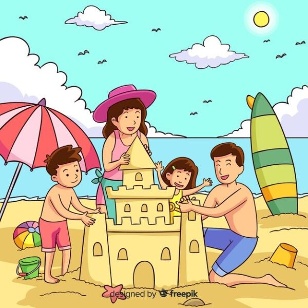 vẽ tranh đề tài tự chọn đơn giản gia đình đi tắm biển