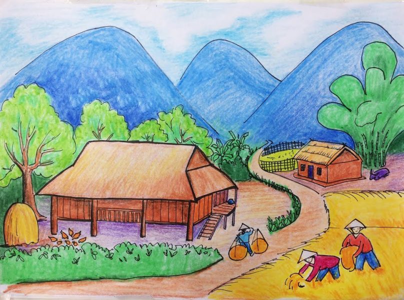 vẽ tranh làng quê quê hương đẹp nhất