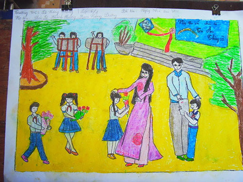 Vẽ tranh về đề tài 20 11 học sinh tặng hoa cô giáo thầy giáo