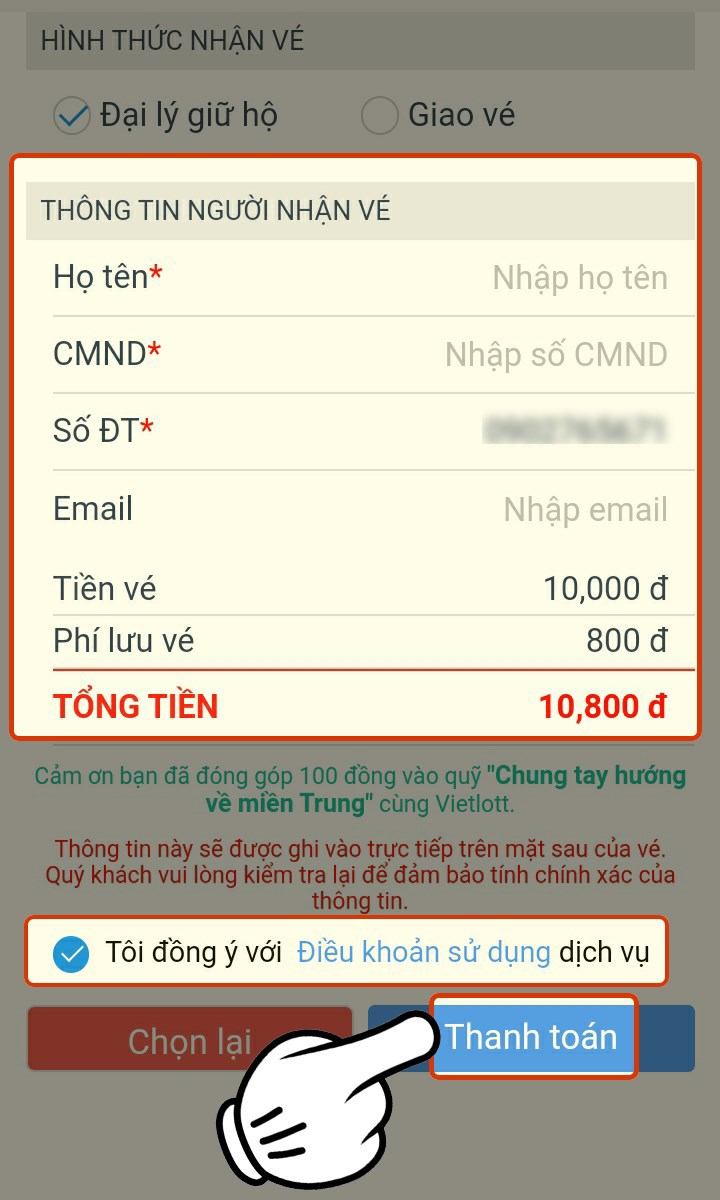 Nhấn chọn thanh toán để mua vé